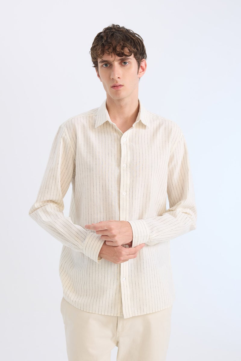 DeFacto Beige Man Regular Fit Polo Collar Striped Linen Long Sleeve Shirt Casual - Image 4